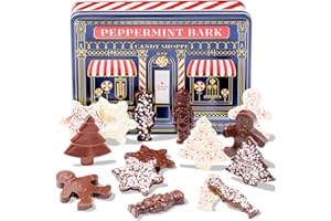 BONNIE AND POP Christmas Peppermint Gift Tin Bark Candy – Fudge Gourmet Holiday Chocolate Gift Basket, Festive Assortment with Nutcrackers, Trees & Gingerbread Shapes – Family, Friends & Coworkers- Bonnie & Pop