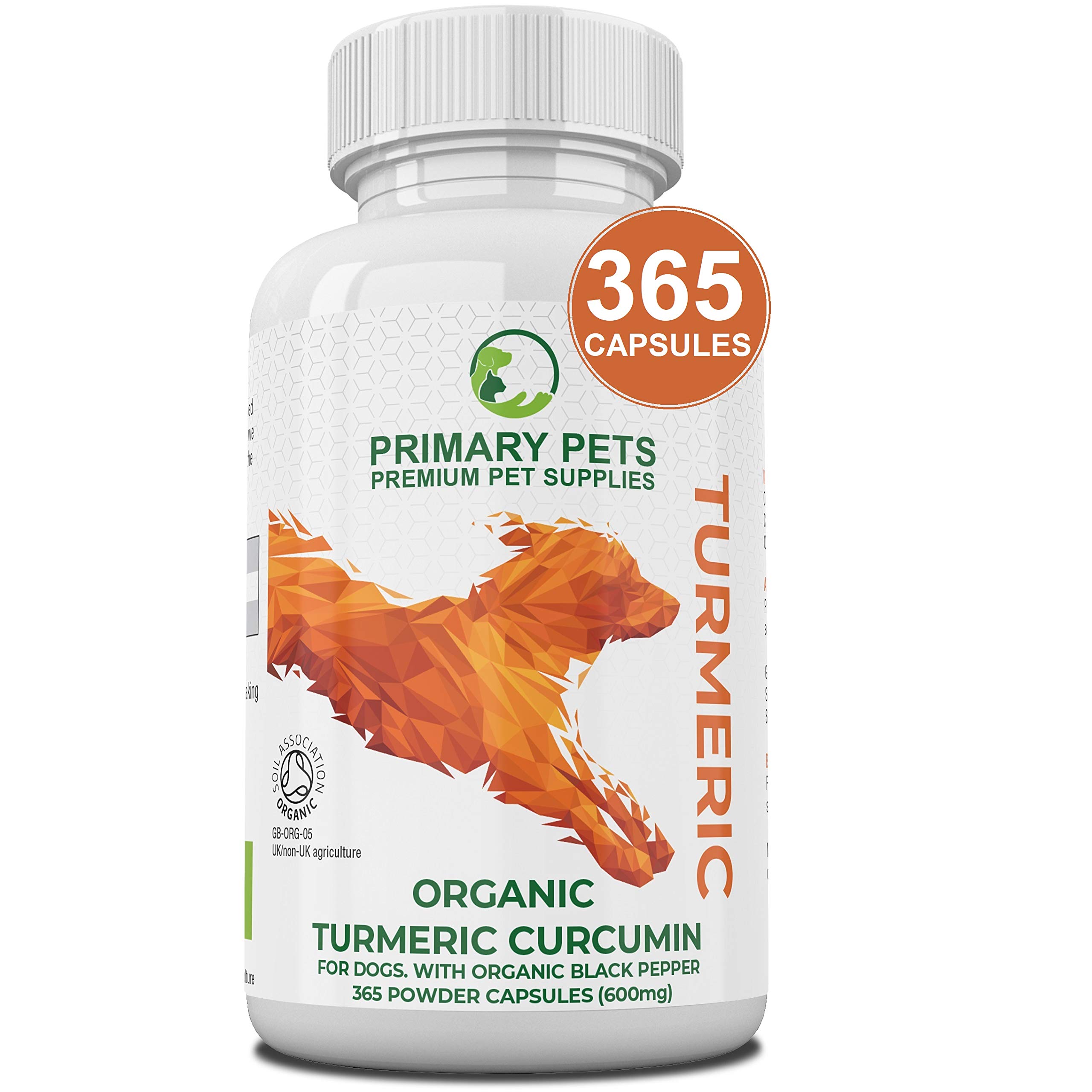 Primary Pets Premium Pet Supplies - Organic Turmeric Capsules for Dogs, 365 x 600mg, Curcumin and Black Pepper Supplement, Supports Dogs Mobility and Wellness, Made with Turmeric Powder