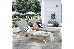 HOMREST Outdoor Chaise Lounge Chair Set of 2, Patio Wicker Lounge Chairs with Adjustable Backrest, Rattan Pool Sunbathing Chaiser with Removable Cushion (Grey)