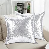 2PCS Sequins Pillows Sliver Decorative Throw Pillows,18"x18" Textile Glitter Square Solid Throw Pillow Covers Cushion Case Hidden Zipper Design for Home Decoration Bed Living Room Party Wedding