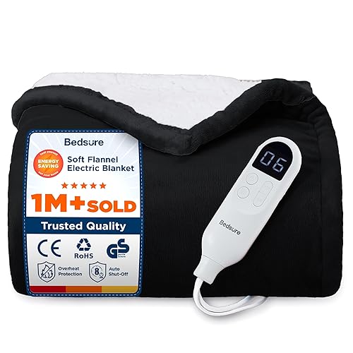 Bedsure Electric Blanket Heated Throw - 6 Heat Levels & 10 Timer Settings, Ultra-Soft Flannel & Sherpa Fast Heating Throw, 130x160cm, Overheat Protection, Black