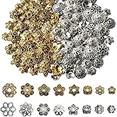 Fampery 160Pcs Spacer Beads Caps, Gold & Silver 16 Shapes Bali Style Mixed Tibetan Silver and Antique Gold Flower Bead Caps for Bracelet Necklace Earrings Jewelry Making Supplies