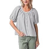 Tanming Womens Summer Plaid Button Down Shirts Short Puff Sleeve Cotton Crew Neck Gingham Blouses Tops