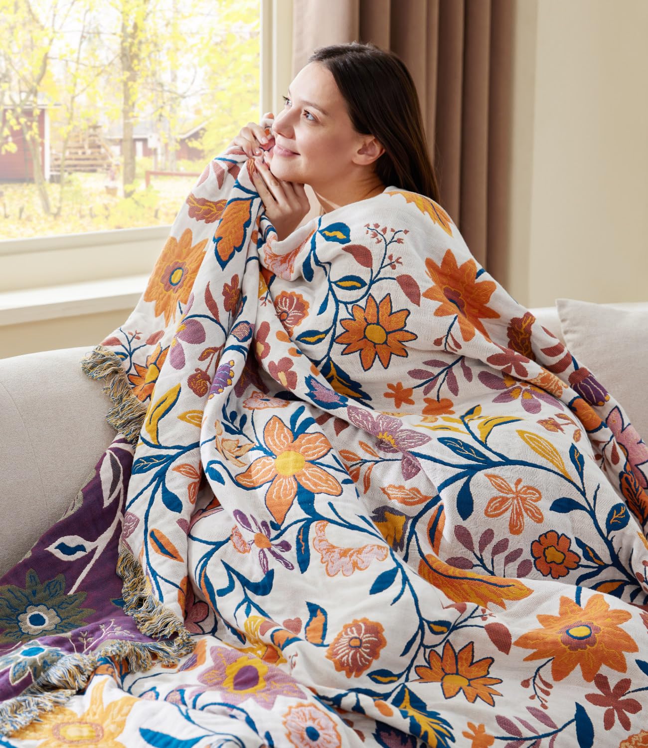 Photo 1 of 100% Cotton Boho Throw Blanket for Home Decor – Classic Farmhouse Quilt Bedding, Muslin Blankets for Adults, Vintage Woven Decorative Blanket for Couch, Bed Layering Use, Botanic Floral, 50"x60"