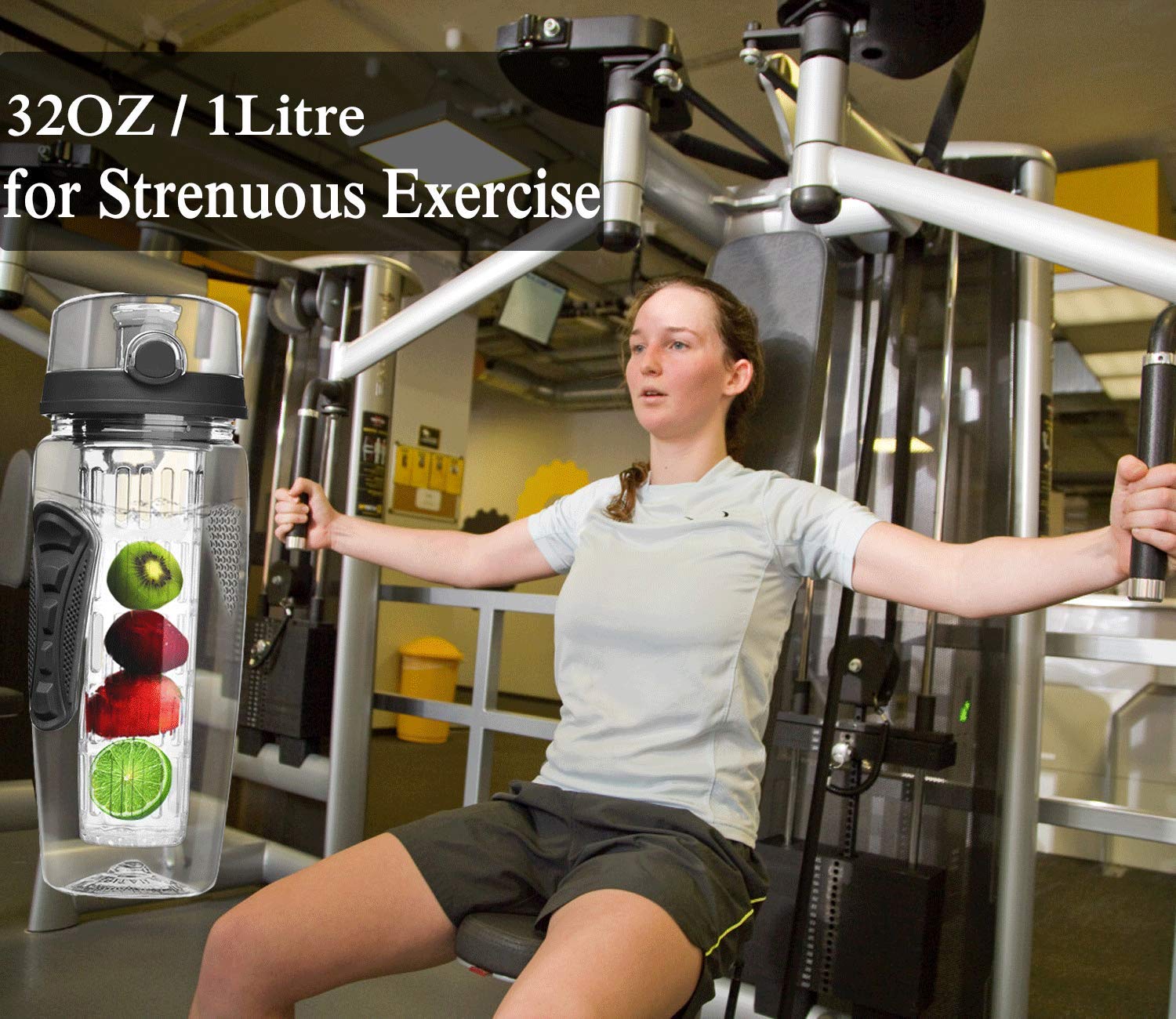 Babacom Wasserflasche Mit Fruchteinsatz 1L/32OZ Trinkflasche Sport mit Infuser Reinigungsbürste Verschluss Tragehenkel für Fruchtsaft BPA-frei Tritan