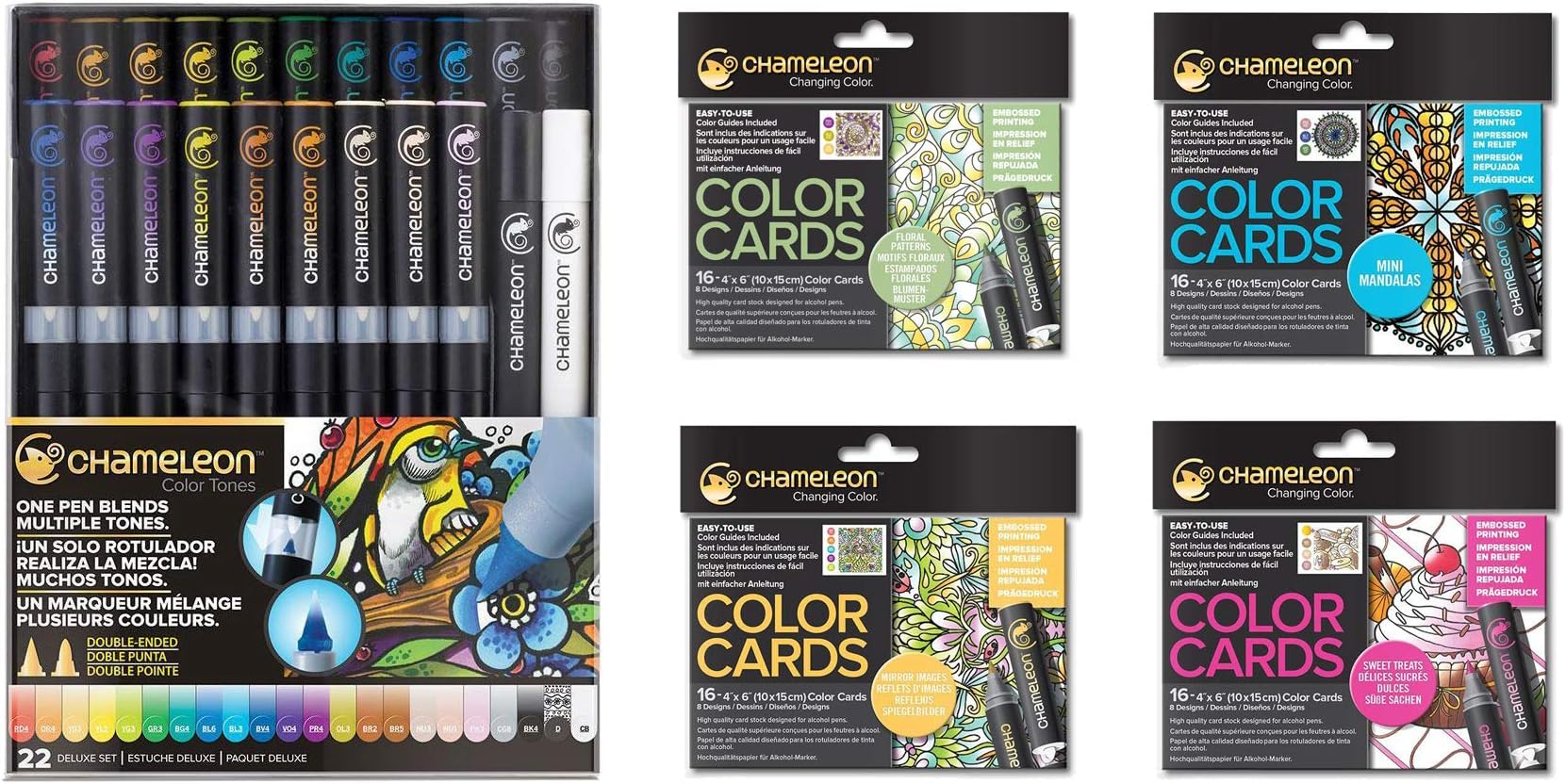 Chameleon 22 Piece Marker Set and 4 Packs of Color Cards (1 Each Floral Patterns, Mirror Images, Mini Mandalas and Sweet Treats) (Bundle 5 Items)