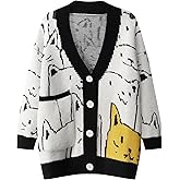 VDWIP Women's Cat Sweater Cardigan Oversized Kawaii Cartoon Button Down Open Front Cat Print Knit Vintage Cardigan Sweater