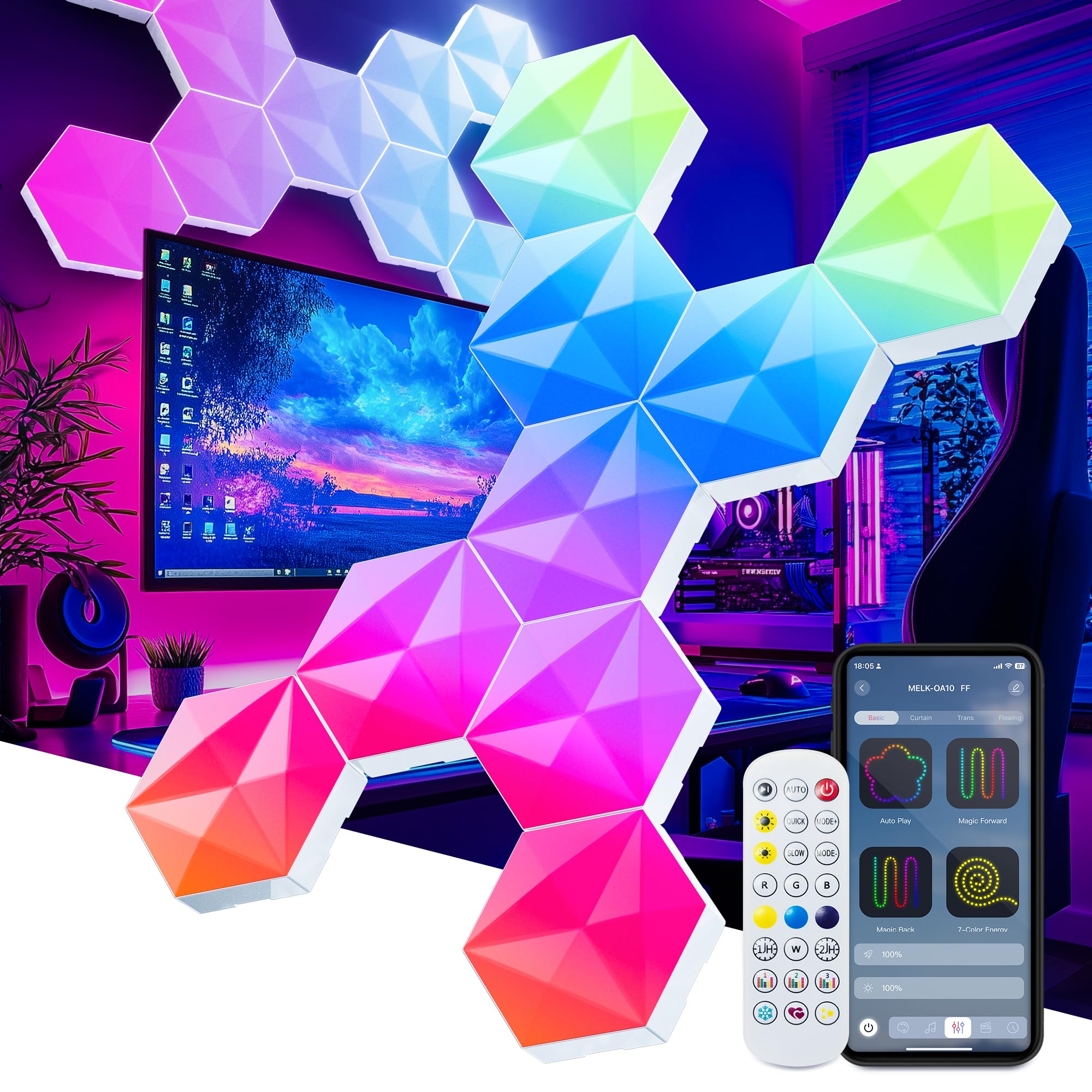Photo 1 of 10 Pack Smart Hexagon Light Panels, 55mm Hexagon Lights, Hexagon Led Lights with RGB-Ic, Color Changing, Music Sync, Time Switch for Indoor Decor, Gaming Decor