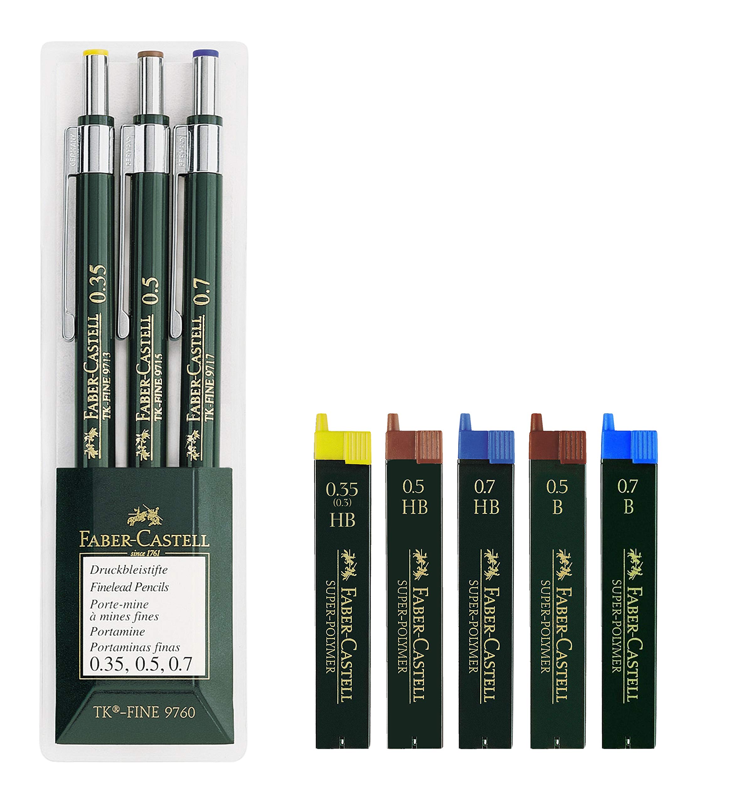Faber-Castell TK-FINE 9760 136030 Set of 3 Mechanical Pencils Lead Thickness: 0.35 mm; 0.5 mm with 0.7 mm; barrel colour: green., Eco Bundle Maxi