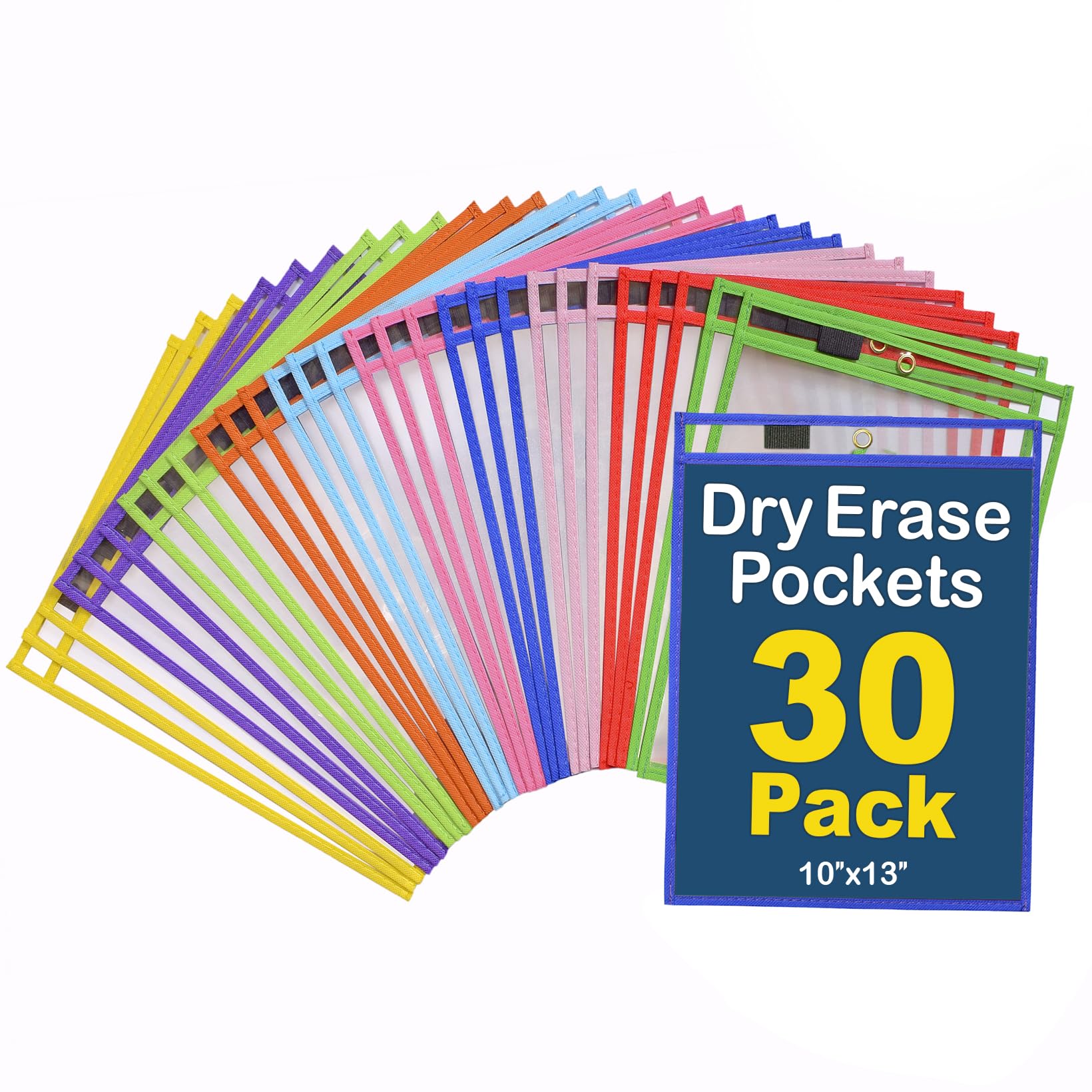 Photo 1 of BONBELA Dry Erase Pockets 30 Pack - 10 x 13 Reusable Dry Erase Pocket Sleeves for Work & School Worksheets - Heavy Duty Clear Pocket Sleeves - Quickly Wipe to a Flawless Clean (Multicolor)