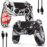 ISHAKO Controller for PS4/Pro/Slim/PC, 2 Pack(Wolf Tooth White&amp;Skull White) | Wireless Controller with Double Vibration, 6-Axis Motion Control, 800mAh Battery, 3.5mm Headphone Jack