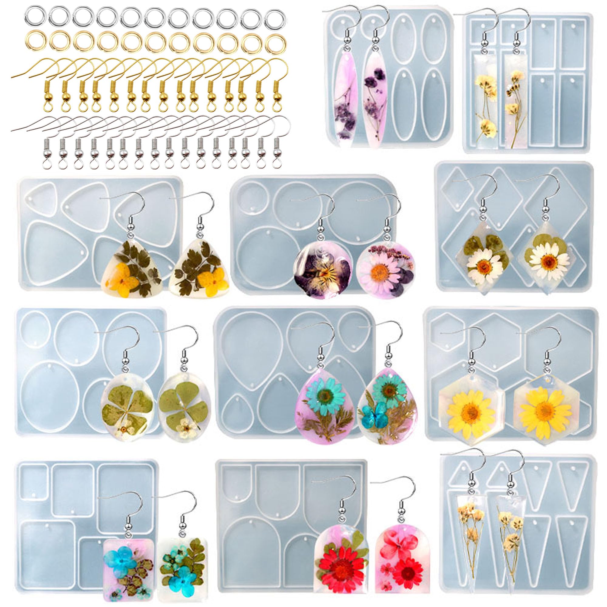 Attuslla 11 PCS Resin Earring Molds Silicone Jewelry Earring Molds Epoxy Resin Molds DIY Craft with Ear Hooks, Jump Rings for DIY Women Earrings, Pendants, Rings, Jewelry Craft Supplies (Style 1)