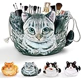 Cat Shaped Drawstring Makeup Bag for Women - Grey Tabby Cat Design Cosmetic Case