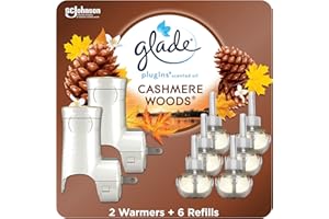 Glade PlugIns Air Freshener Oil Refill Kit, Scented and Essential Oils for Home and Bathroom, Cashmere Woods, 2 Warmers + 6 R