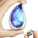 M MEILINXU Small Urns for Human Ashes Keepsake, Mini Urn for Ashes Adult Male & Female, Teardrop Cremation Container, Tear Drop Decorative - Blue Cosmic Galaxy, Brass Engraving Urn - Small Keepsake
