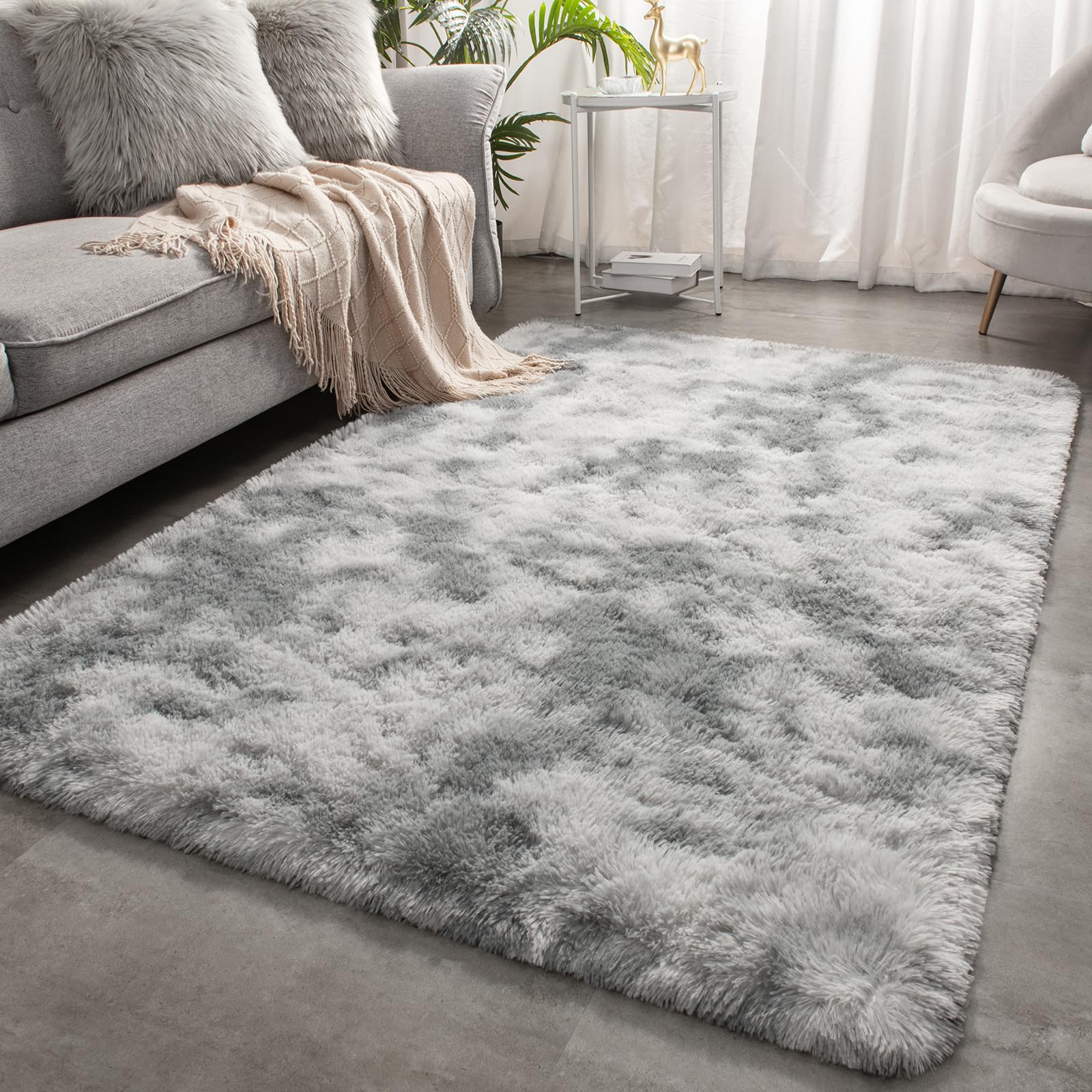 Photo 1 of Merelax Soft Area Rugs for Livingroom Bedroom, Shaggy Plush Fuzzy Fluffy Carpet Furry Fur Rug, Modern Indoor Comfy Nursery Kids Dorm Home Decor Floor Mat, 4 x 6 ft, Tie-Dyed Light Grey