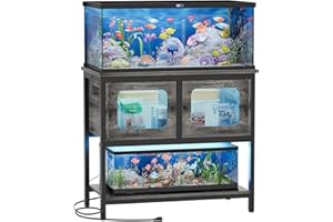 iSunirm 40-50 Gallon Fish Tank Stand with LED Light and Outlet, Heavy Duty Metal Aquarium Stand with Cabinet and Accessories Storage, Reptile Tank Turtle Terrariums Table Stand Hold 880LBS, Grey Oak