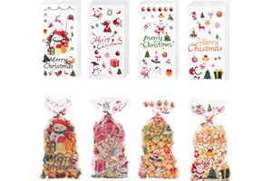 ONFAON Christmas Cellophane Treat Bags, 180pcs Christmas Candy Bags with 200pcs Twists for Snacks Cookies Candy Packing, Christmas Goodie Bags Party Supplies