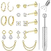 20G 18G 16G Threadless Flat Back Earrings Stud -Hypoallergenic Surgical Steel Push in Nose Studs Cartilage Hoop Earring Set 14K Gold Plated Tragus Helix Conch Lip Labret Medusa Piercing Jewelry