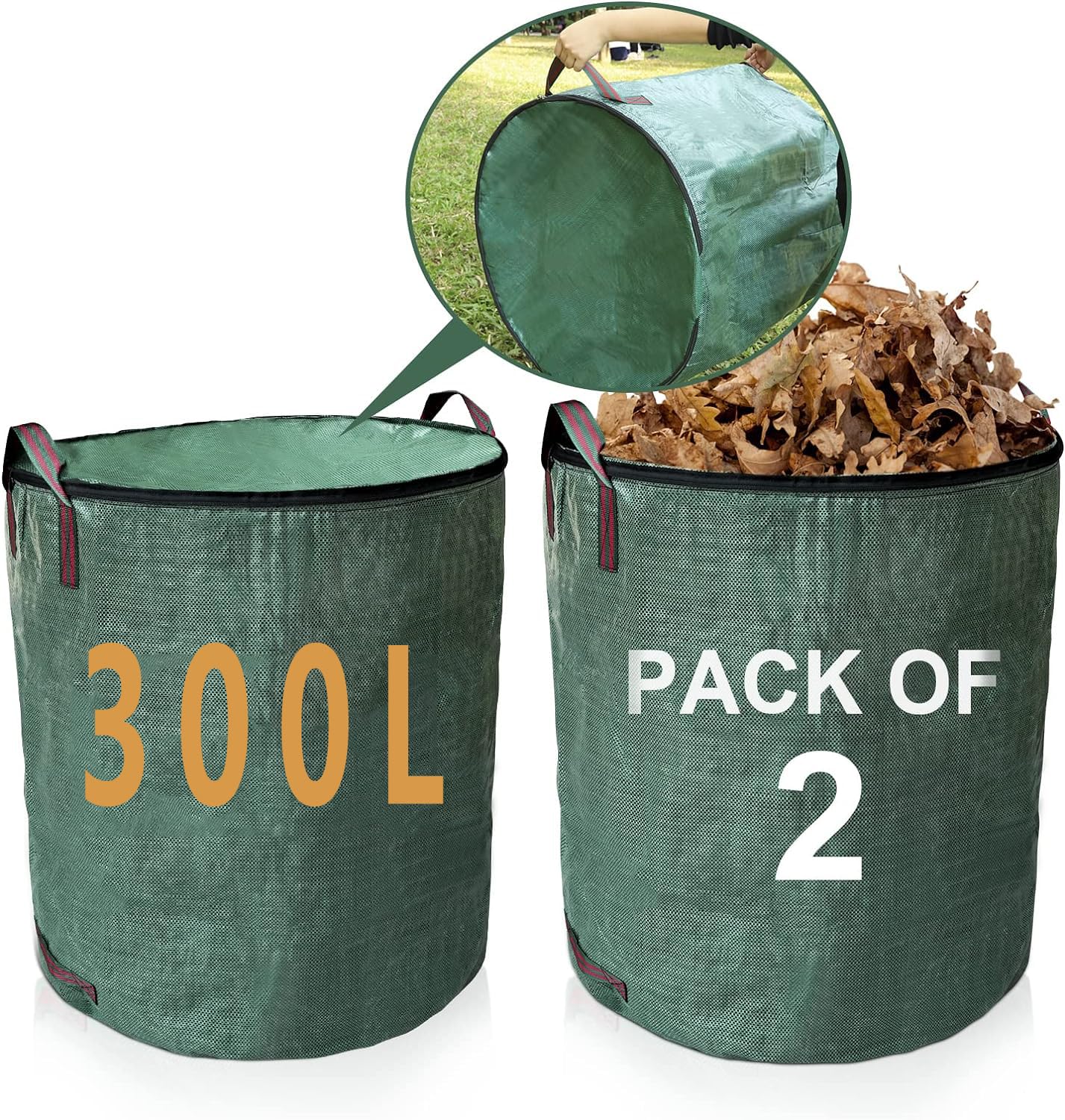 losolese Large Garden Waste Bags with lid and zipper, 300 Litre Waterproof Heavy Duty Garden Leaf Waste Sacks with Handles,Foldable and Reusable,Green, 2 PACK