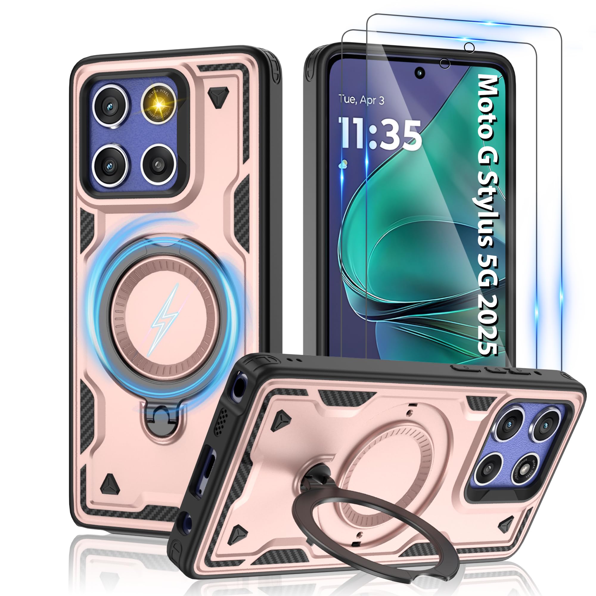 for Moto G Stylus 5G 2025 Magnetic Case,Compatible with MagSafe & [HD Screen Protector×2],Metal Rotated Kickstand,Military Grade Drop Proof Anti-Fingerprint Protective,Moto G Stylus 5G 2025,Rose Gold