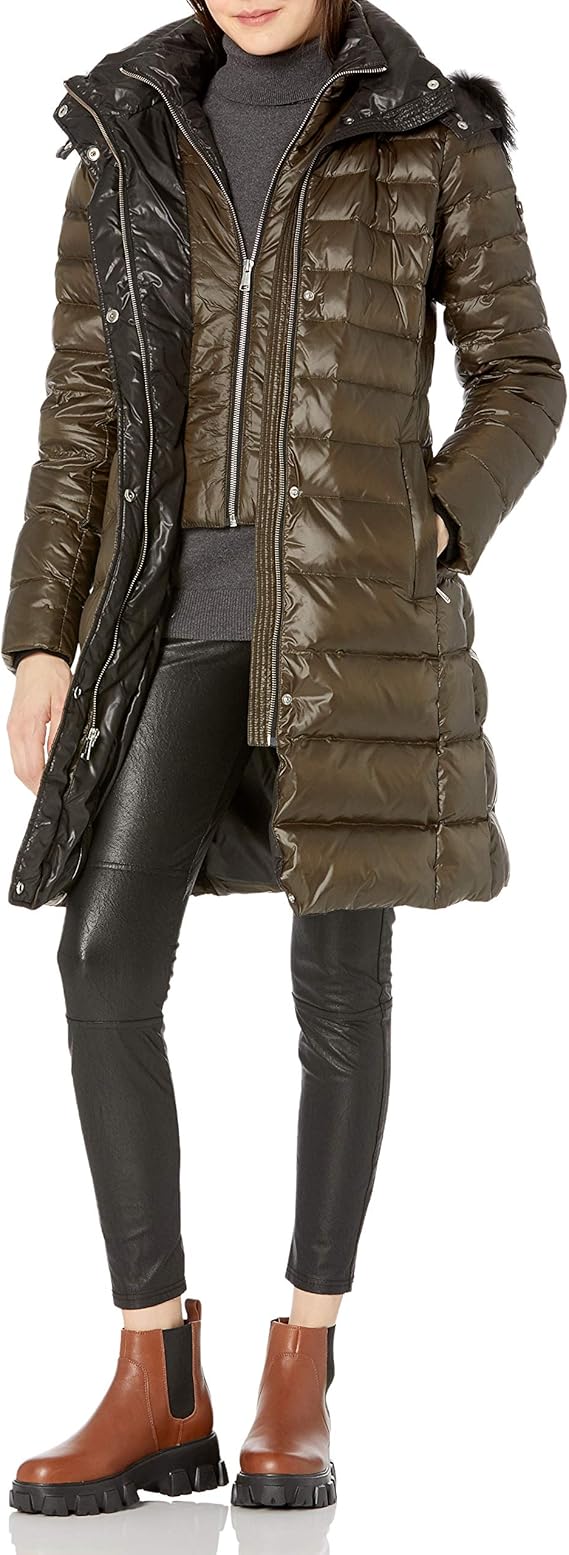 Andrew Marc Women's Down Coat with Inner Bib and Fur Trim