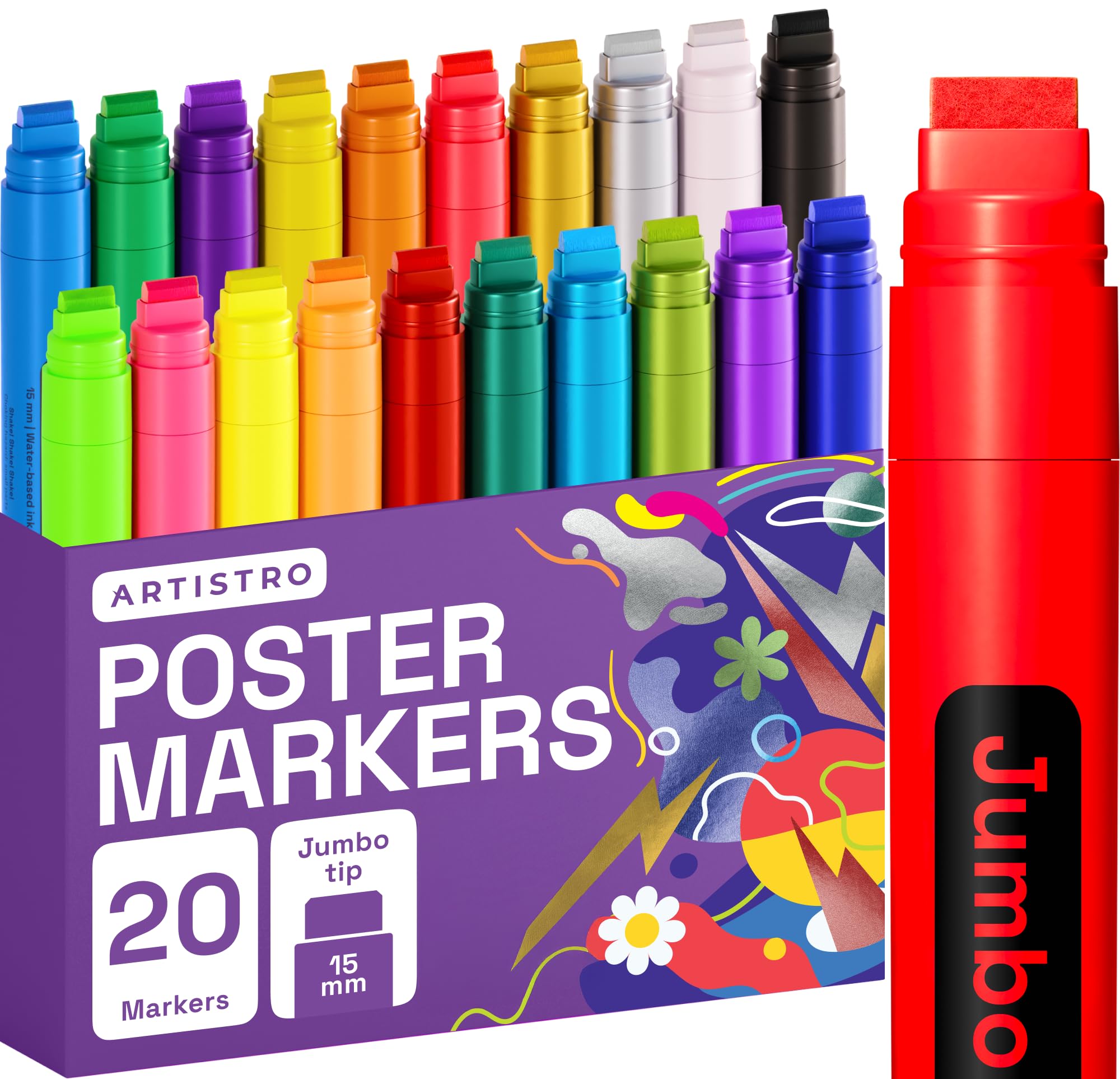 ARTISTRO 20 Poster Markers Jumbo Set Acrylic Markers with 15mm Wide Jumbo Tip for Murals Tagging Posters - Large for Rock Wood Plastic Leather Metal Fabric Ceramic Image ARTISTRO 20 Poster Markers Jumbo Set Acrylic Markers with 15mm Wide Jumbo Tip for Murals Tagging Posters - Large for Rock Wood Plastic Leather Metal Fabric Ceramic Image