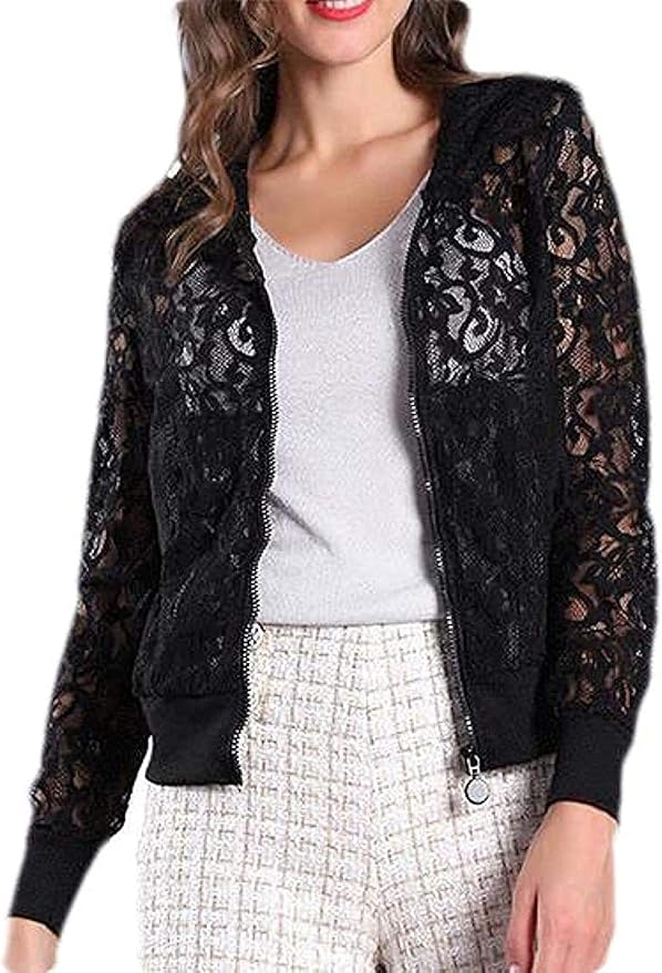 Women Lace Beach Cover Up Sun UV Protect Full Zip Hoodie Jacket Coat