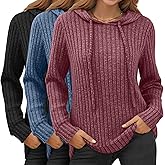 Huukeay 3 Pack Hoodies for Women Lightweight Sweaters Long Sleeve Top Ribbed Knit Hooded Workout Sweatshirts Pullover