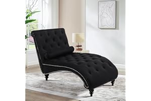 SLEERWAY Chaise Lounge Chair Indoor, Button Tufted Velvet Upholstered Lounge Sofa Couch with Solid Wooden Leg and Lumbar Pillow, Modern Leisure Accent Chair for Bedroom Living Room Office, Black