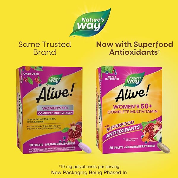 NATURE’S WAY ALIVE! WOMEN’S 50+ COMPLETE MULTIVITAMINS, SUPPORTS HEALTHY HEART, BRAIN, BONES*, SUPERFOOD ANTIOXIDANTS(1), B-VITAMINS, GLUTEN FREE, 50 TABLETS (PACKAGING MAY VARY)