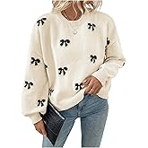 BEAUDRM Women's Y2K Bow Print Sweater Crewneck Long Sleeve Drop Shoulder Knit Pullovers Sweaters Beige Large