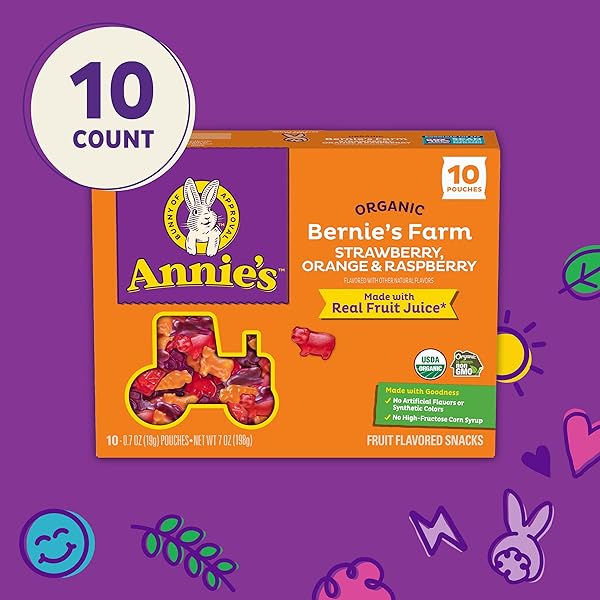 ANNIE’S ORGANIC BERNIE’S FARM FRUIT FLAVORED SNACKS, GLUTEN FREE, 10 POUCHES, 7 OZ