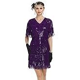 PrettyGuide Women's Flapper Dresses with Sleeves Tiered Long Fringed Sequin 1920s Great Gatsby Cocktail Dress Costume