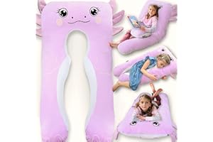 LUNAMIRA Axolotl Kids Body Pillow - 47" U-Shape Long Plush Soft Animal Pillow for Kids, Sleeping, Reading, ADHD & Special Needs Comfort, Anxiety, Washable Cover, Snuggle Fun Cuddle for Boys & Girls
