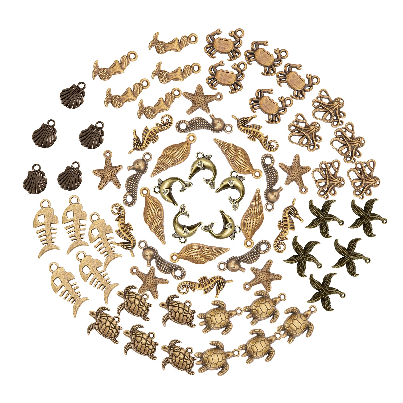 SUNNYCLUE 1 Box 65Pcs Ocean Charms Summer Ocean-themed Bronze Alloy Pendants Bronze Marine Collection Sea Creatures Starfish Seahorse Pendants for Jewelry Findings Making Accessory for DIY Necklace