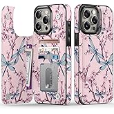 FUNMIKO for iPhone 15 Pro Max Wallet Case with Card Holder + Cash Clip, RFID-Blocking, Military-Grade Drop Protection & UV-Printed Artwork, Magnetic Closure with Leather Kickstand - Blue Dragonflies