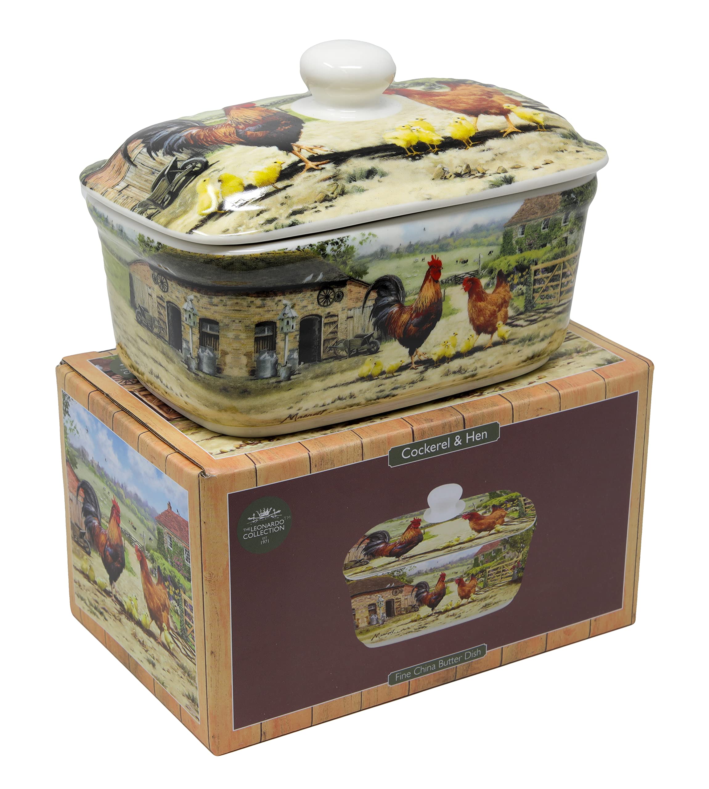 Lesser & Pavey Cockerel & Hen Country Farmhouse Butter Dish | Fine China | Dishwasher and Microwave Safe | The Leonardo Collection |