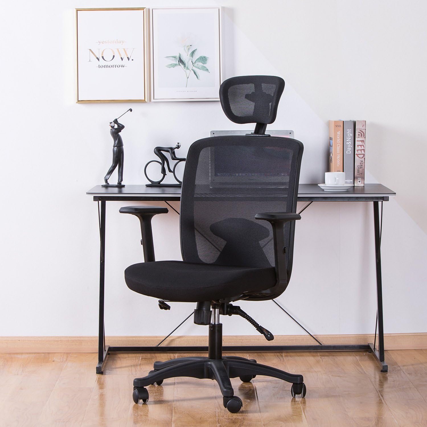 Novelland Ergonomic Adjustable Office Chair with Lumbar Support and Rollerblade Wheels - High Back with Breathable Mesh - Thick Seat Cushion - Adjustable Head & Arm Rests, Seat Height - Reclines
