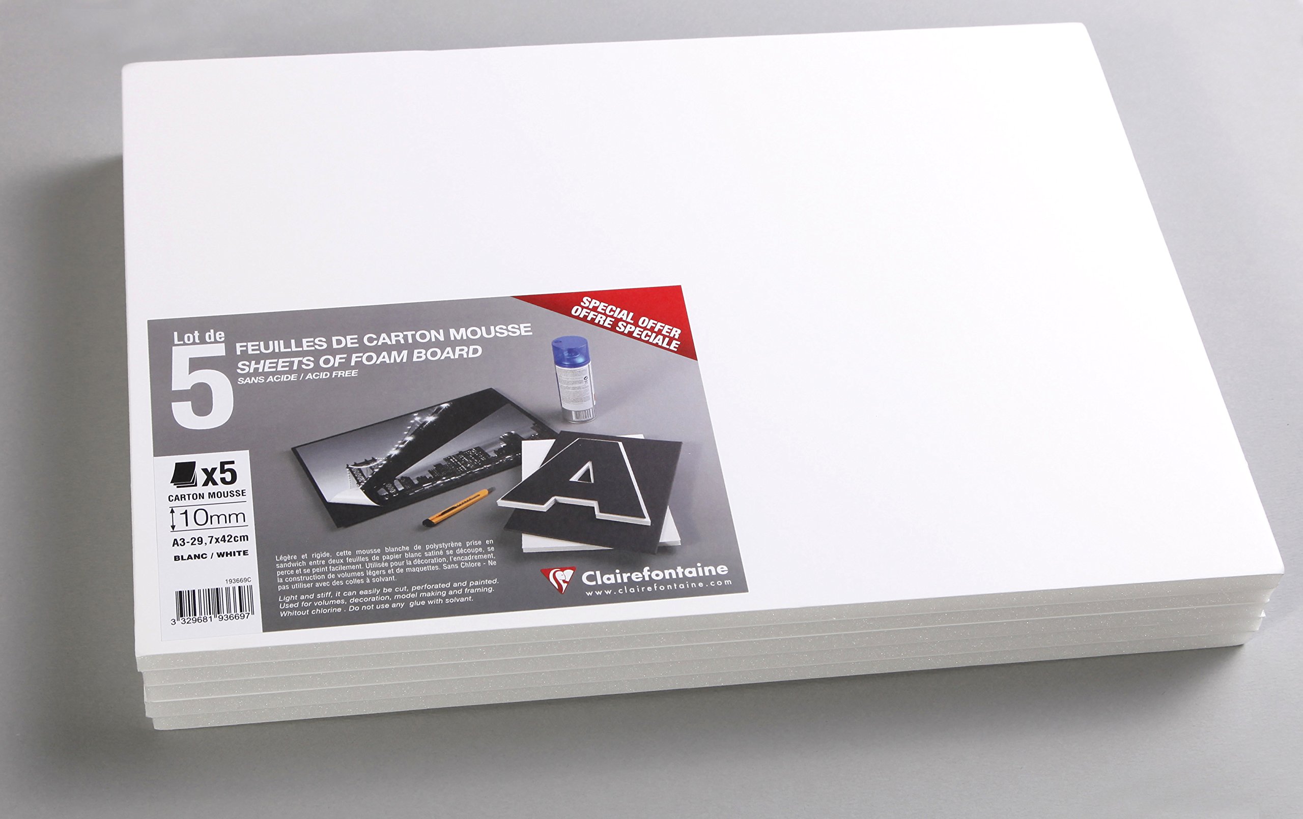 Clairefontaine - Ref 193669C - Foam Board (Pack of 5 Sheets) - A3 (420 x 297mm) in Size, 10mm Thick, Light & Stiff - Suitable for Decoration, Framing & Model-Making