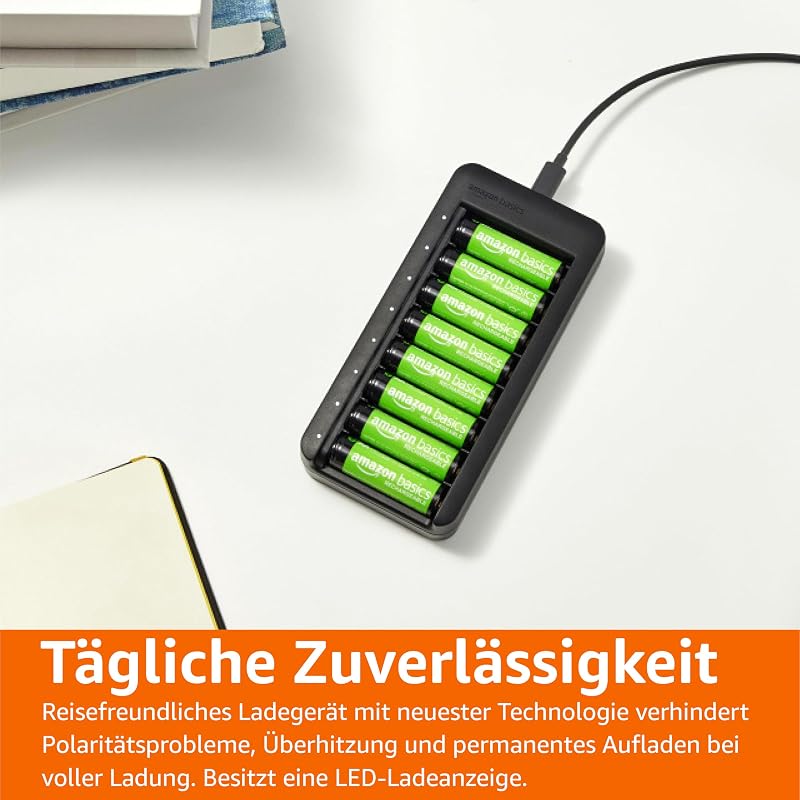 NiMH Batterieset wiederaufladbar, 8er-Pack AA-Batterie 2000 mAh, mit Batterieladegerät mit Platz für 8 Batterien, ohne AC-Netzadapter, USB-C-Anschluss
