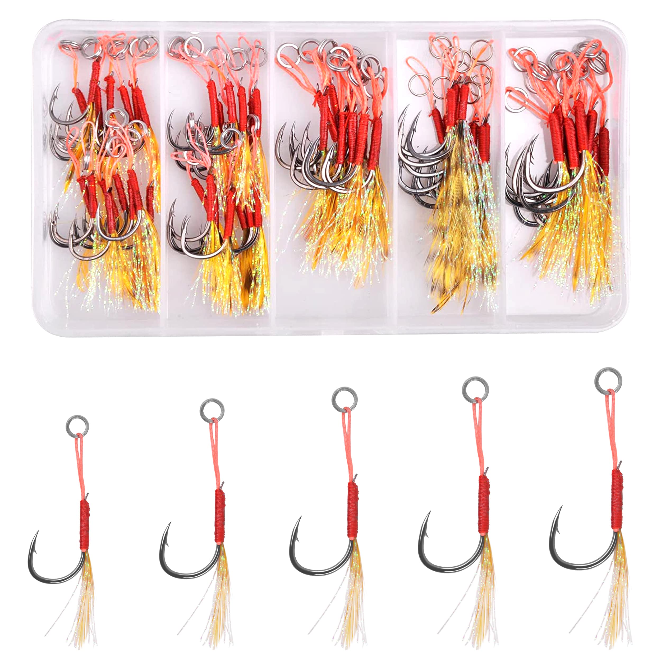 JSHANMEI Assist Jig Fishing Hooks Kit, 50pcs Yellow Kit with 11#, 12#, 13#, 14#, 15# High Carbon Steel Assist Hooks for Saltwater Fish
