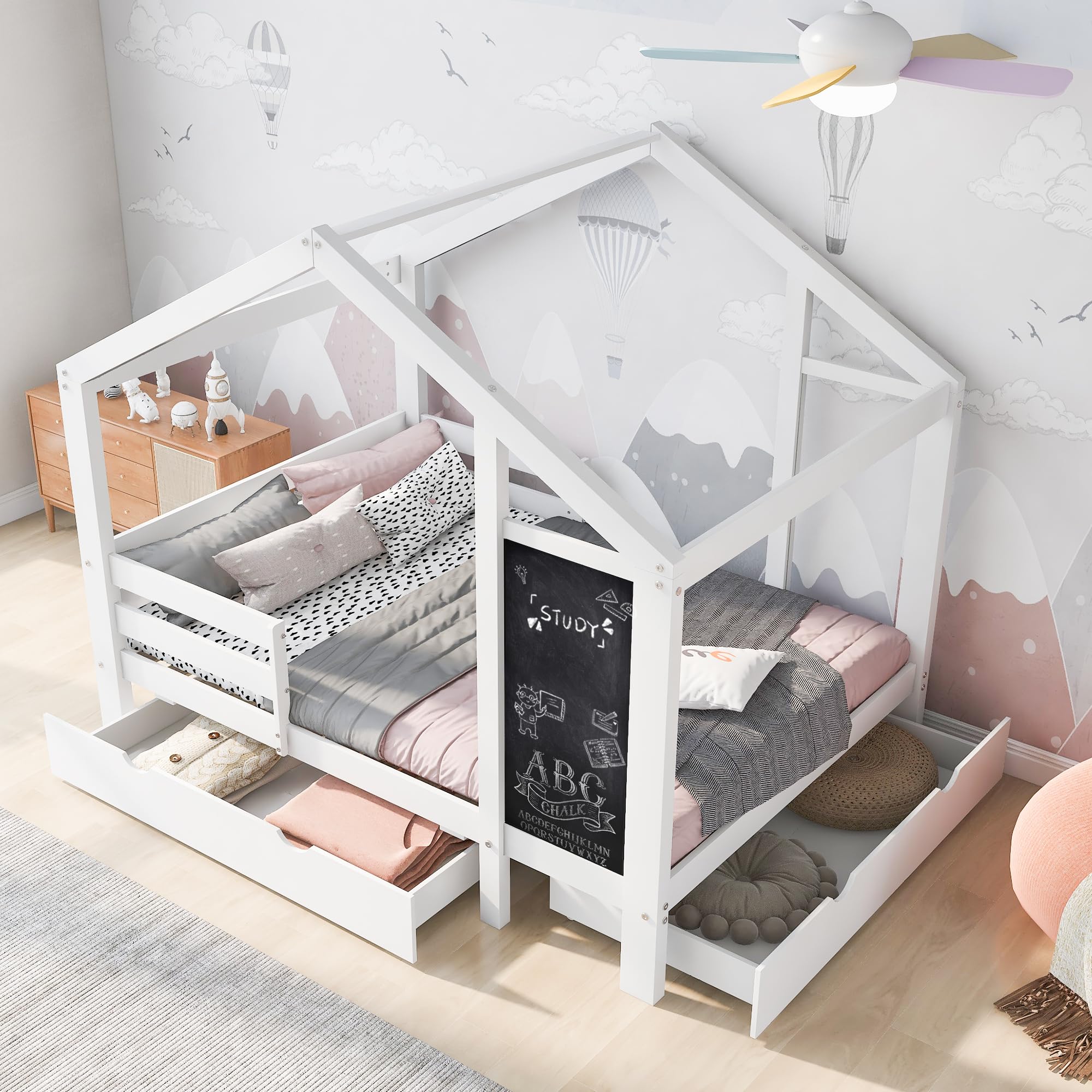 Photo 1 of ****It is used, it lacks feet, I don't know if it works 100%***DNYN Full Size House Bed with Storage Drawers for Kid Bedroom,Solid Wood Platfrom Bedframe w/Blackboard Design,Super Save Space & No Box Spring Needed, White
