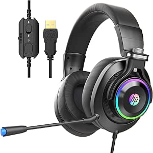 HP USB PC Gaming Headset with Microphone. 7.1 Surround Sound, RGB LED Lighting, Noise Isolating Over Ear Game Headphones with Detachable Mic for PC, PS4, Mac, Laptop - Black