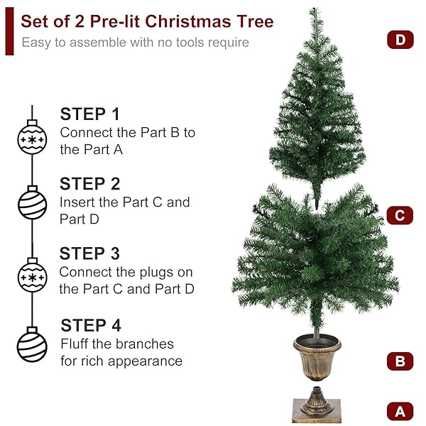 SET OF 2 CHRISTMAS TREES WITH LIGHTS 4-FT ARTIFICIAL URN POTTED PORCH CHRISTMAS TREE BATTERY POWERED WITH 8 MODES AND TIMER FOR INDOOR OUTDOOR