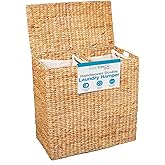 BirdRock Home Water Hyacinth Laundry Hamper Divided Interior (Natural) | Eco Friendly | Made of Hand Woven Hyacinth Fibers | Includes Two Removable Cotton Liners Bag | Wicker Laundry Basket with Lid