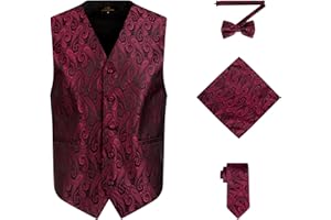 Oliver George Men's 4pc Paisley Design Waistcoat Tuxedo Dress Vest Necktie Bowtie Handkerchief Set for Suit or Tuxedo