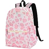 Mimfutu Cow Print Mesh Backpack for Girls, kids Women School Backpacks Semi-Transparent Bookbag See Through Beach Bag Daypack (Pink)