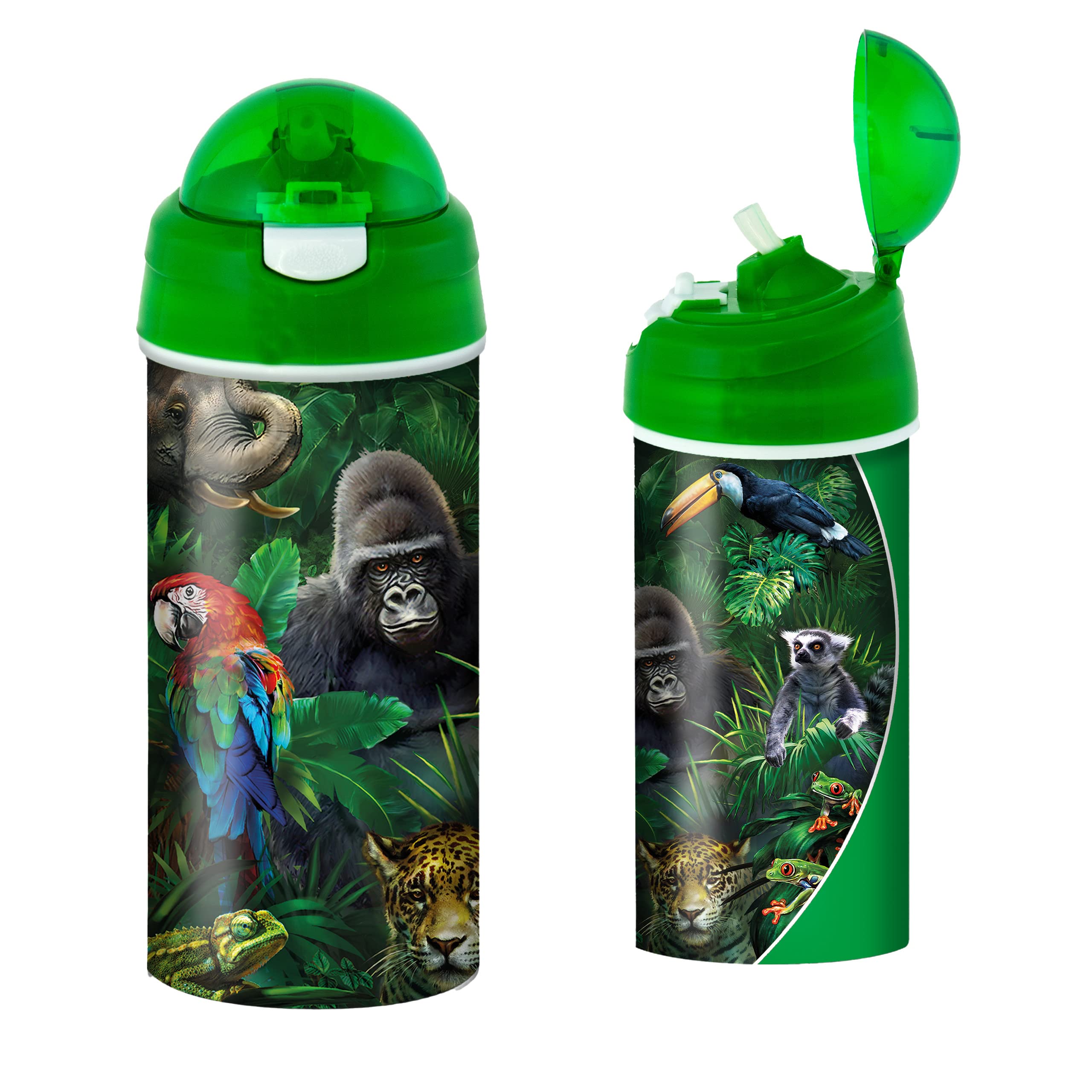 3D LiveLife Drinking Bottle - Jungle Pals from Deluxebase. 3D Lenticular 600ml BPA Free Reusable Green Water Bottle with Straw and Flip Top Lid. Leak Proof Animal Drinks Bottles with Jungle Design.