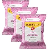 Burt’s Bees Micellar Rose Water Facial Towelettes, 100% Plant Based Cloth; 99% Natural Origin; Remove Makeup, Cleanse, Hydrate; No Oily Residue; All Skin Types; 30 Ct, Pack of 3 (Pack May Vary)
